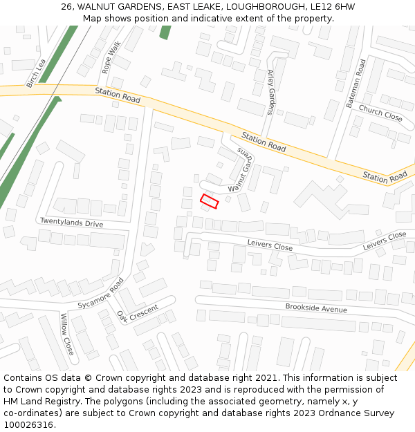 26, WALNUT GARDENS, EAST LEAKE, LOUGHBOROUGH, LE12 6HW: Location map and indicative extent of plot