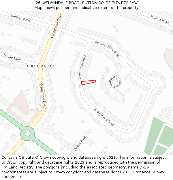 26, WELWYNDALE ROAD, SUTTON COLDFIELD, B72 1AW: Location map and indicative extent of plot