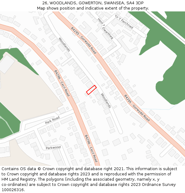 26, WOODLANDS, GOWERTON, SWANSEA, SA4 3DP: Location map and indicative extent of plot