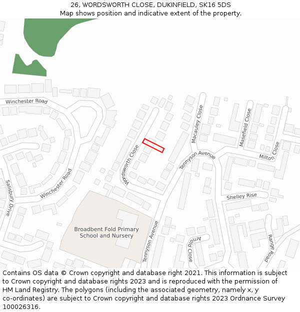 26, WORDSWORTH CLOSE, DUKINFIELD, SK16 5DS: Location map and indicative extent of plot