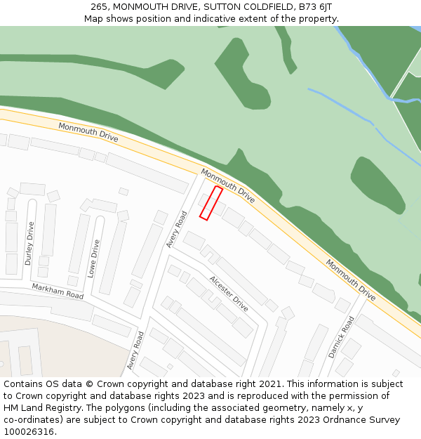 265, MONMOUTH DRIVE, SUTTON COLDFIELD, B73 6JT: Location map and indicative extent of plot