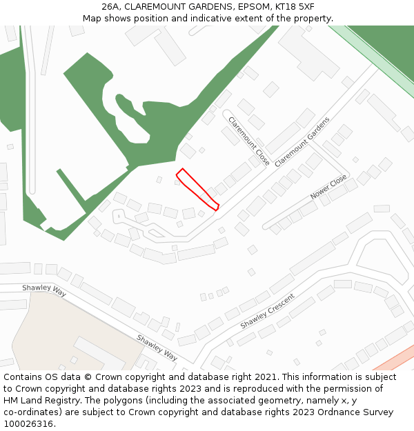 26A, CLAREMOUNT GARDENS, EPSOM, KT18 5XF: Location map and indicative extent of plot