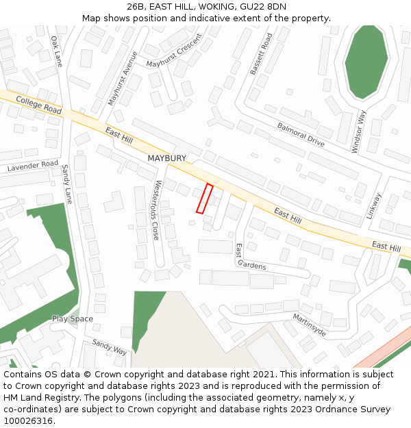 26B, EAST HILL, WOKING, GU22 8DN: Location map and indicative extent of plot