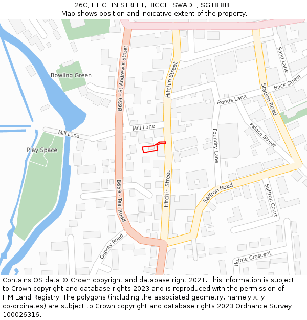 26C, HITCHIN STREET, BIGGLESWADE, SG18 8BE: Location map and indicative extent of plot