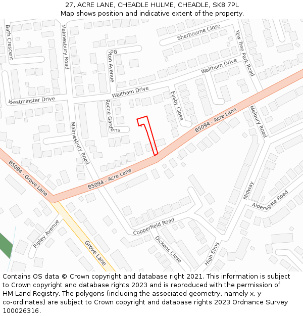 27, ACRE LANE, CHEADLE HULME, CHEADLE, SK8 7PL: Location map and indicative extent of plot