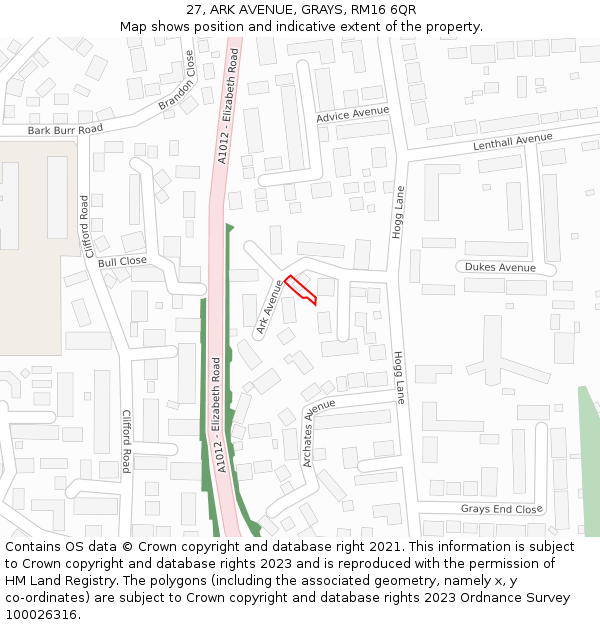 27, ARK AVENUE, GRAYS, RM16 6QR: Location map and indicative extent of plot