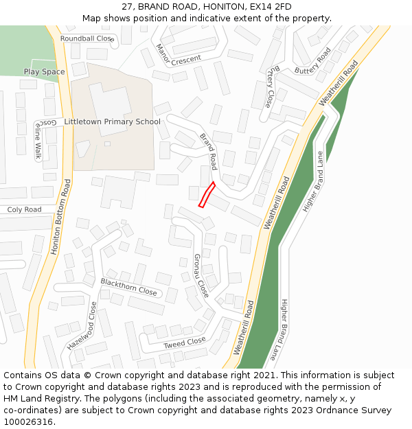 27, BRAND ROAD, HONITON, EX14 2FD: Location map and indicative extent of plot