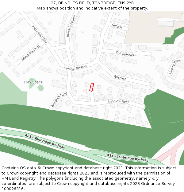 27, BRINDLES FIELD, TONBRIDGE, TN9 2YR: Location map and indicative extent of plot