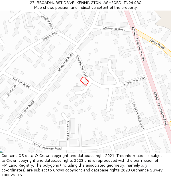 27, BROADHURST DRIVE, KENNINGTON, ASHFORD, TN24 9RQ: Location map and indicative extent of plot