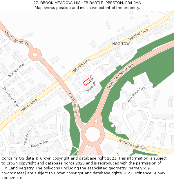 27, BROOK MEADOW, HIGHER BARTLE, PRESTON, PR4 0AA: Location map and indicative extent of plot