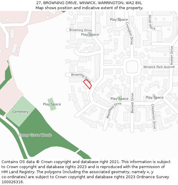 27, BROWNING DRIVE, WINWICK, WARRINGTON, WA2 8XL: Location map and indicative extent of plot