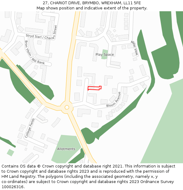 27, CHARIOT DRIVE, BRYMBO, WREXHAM, LL11 5FE: Location map and indicative extent of plot