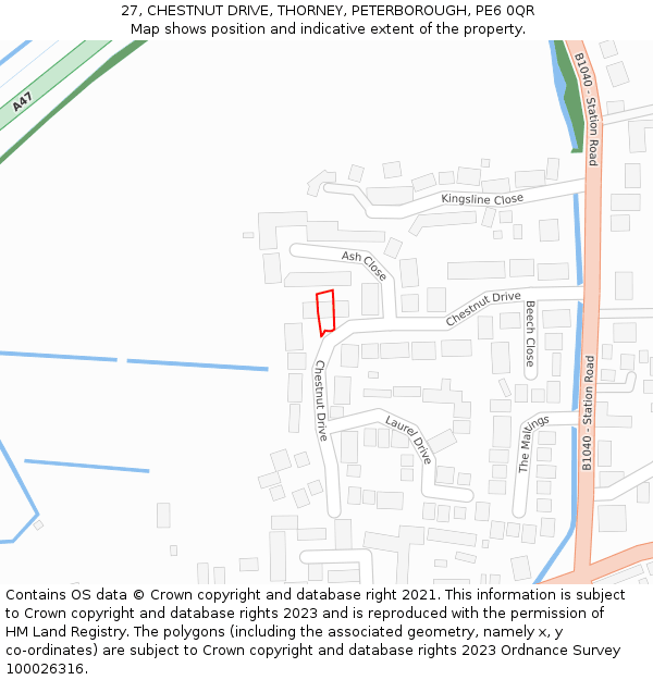 27, CHESTNUT DRIVE, THORNEY, PETERBOROUGH, PE6 0QR: Location map and indicative extent of plot