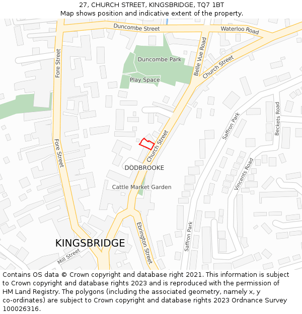 27, CHURCH STREET, KINGSBRIDGE, TQ7 1BT: Location map and indicative extent of plot