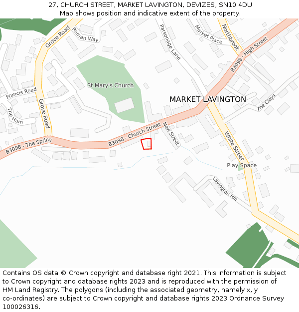 27, CHURCH STREET, MARKET LAVINGTON, DEVIZES, SN10 4DU: Location map and indicative extent of plot