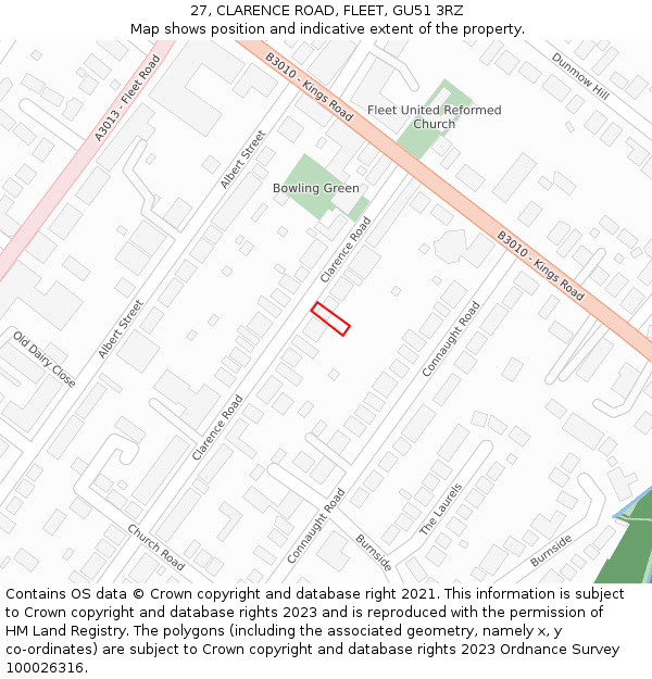 27, CLARENCE ROAD, FLEET, GU51 3RZ: Location map and indicative extent of plot