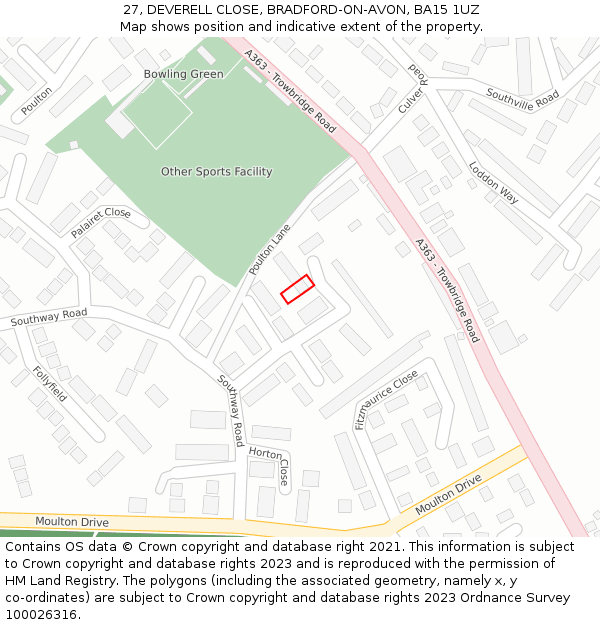 27, DEVERELL CLOSE, BRADFORD-ON-AVON, BA15 1UZ: Location map and indicative extent of plot