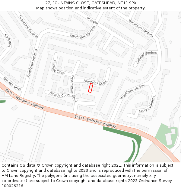 27, FOUNTAINS CLOSE, GATESHEAD, NE11 9PX: Location map and indicative extent of plot