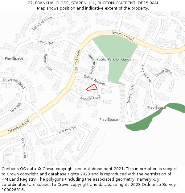 27, FRANKLIN CLOSE, STAPENHILL, BURTON-ON-TRENT, DE15 9AN: Location map and indicative extent of plot