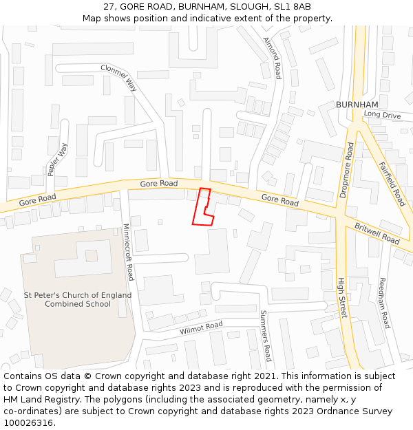 27, GORE ROAD, BURNHAM, SLOUGH, SL1 8AB: Location map and indicative extent of plot