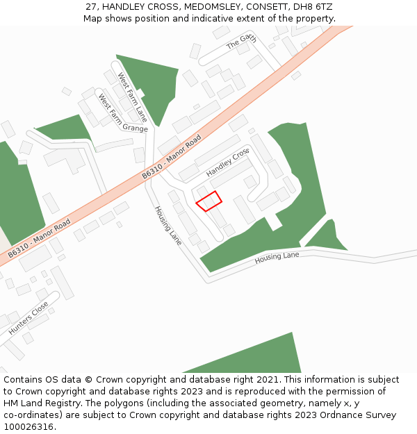 27, HANDLEY CROSS, MEDOMSLEY, CONSETT, DH8 6TZ: Location map and indicative extent of plot