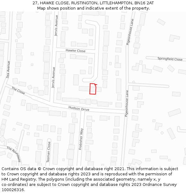 27, HAWKE CLOSE, RUSTINGTON, LITTLEHAMPTON, BN16 2AT: Location map and indicative extent of plot