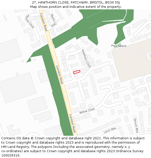 27, HAWTHORN CLOSE, PATCHWAY, BRISTOL, BS34 5SJ: Location map and indicative extent of plot