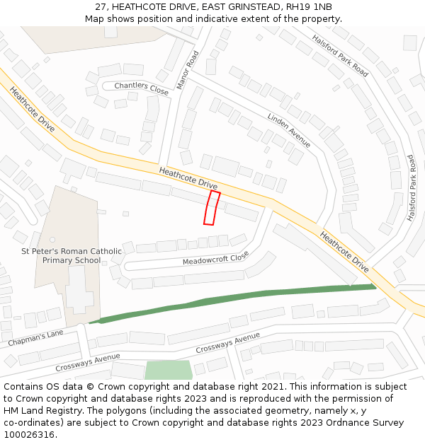 27, HEATHCOTE DRIVE, EAST GRINSTEAD, RH19 1NB: Location map and indicative extent of plot