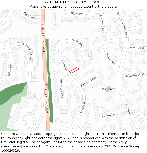 27, HEATHFIELD, CRAWLEY, RH10 3TU: Location map and indicative extent of plot