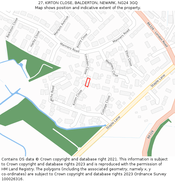 27, KIRTON CLOSE, BALDERTON, NEWARK, NG24 3GQ: Location map and indicative extent of plot