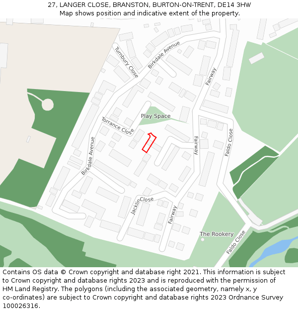 27, LANGER CLOSE, BRANSTON, BURTON-ON-TRENT, DE14 3HW: Location map and indicative extent of plot