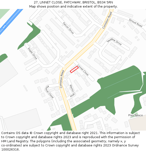 27, LINNET CLOSE, PATCHWAY, BRISTOL, BS34 5RN: Location map and indicative extent of plot