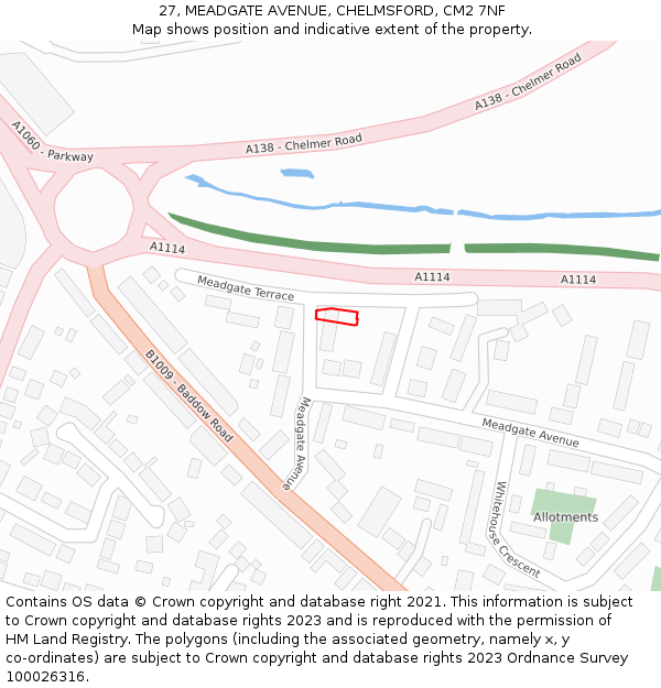 27, MEADGATE AVENUE, CHELMSFORD, CM2 7NF: Location map and indicative extent of plot