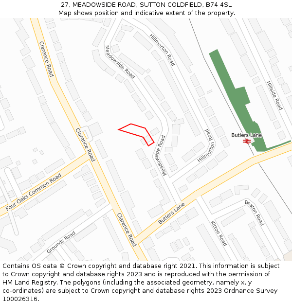 27, MEADOWSIDE ROAD, SUTTON COLDFIELD, B74 4SL: Location map and indicative extent of plot