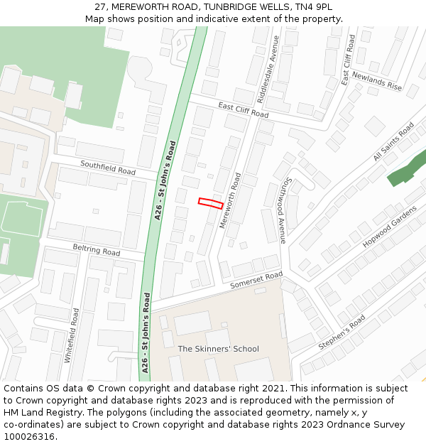 27, MEREWORTH ROAD, TUNBRIDGE WELLS, TN4 9PL: Location map and indicative extent of plot