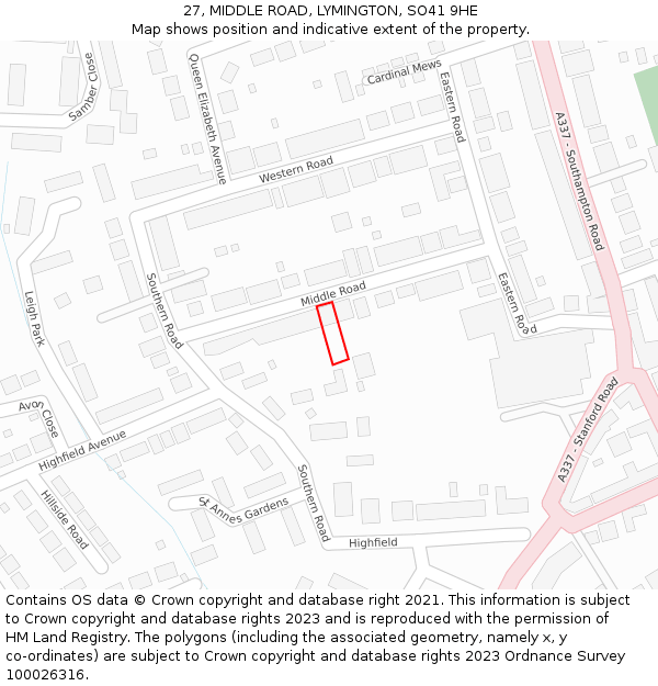 27, MIDDLE ROAD, LYMINGTON, SO41 9HE: Location map and indicative extent of plot