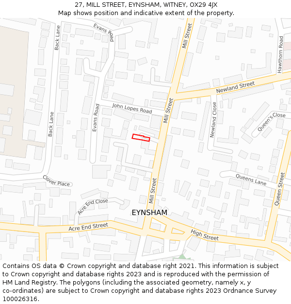 27, MILL STREET, EYNSHAM, WITNEY, OX29 4JX: Location map and indicative extent of plot