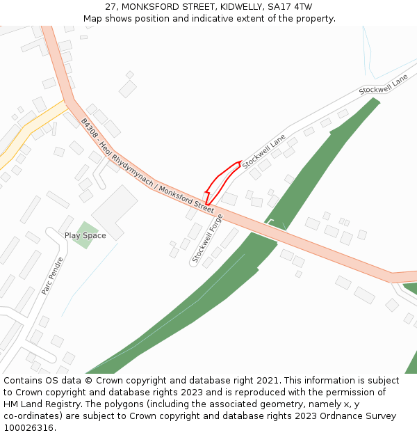 27, MONKSFORD STREET, KIDWELLY, SA17 4TW: Location map and indicative extent of plot