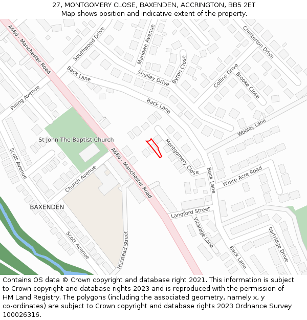 27, MONTGOMERY CLOSE, BAXENDEN, ACCRINGTON, BB5 2ET: Location map and indicative extent of plot