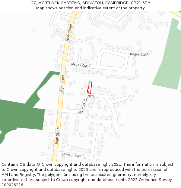 27, MORTLOCK GARDENS, ABINGTON, CAMBRIDGE, CB21 6BA: Location map and indicative extent of plot