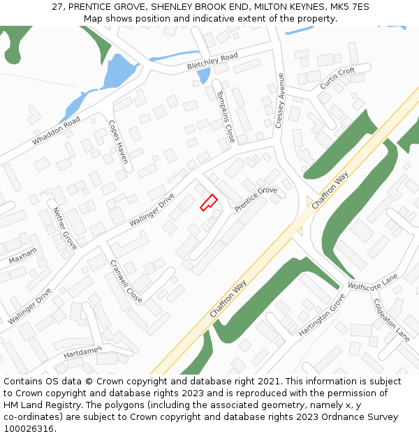 27, PRENTICE GROVE, SHENLEY BROOK END, MILTON KEYNES, MK5 7ES: Location map and indicative extent of plot