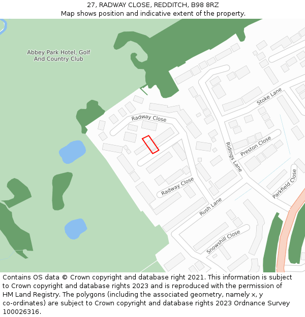 27, RADWAY CLOSE, REDDITCH, B98 8RZ: Location map and indicative extent of plot