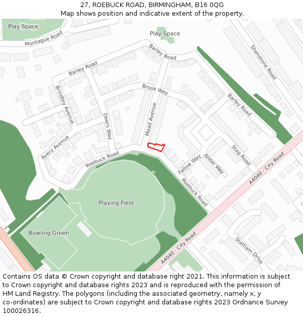 27, ROEBUCK ROAD, BIRMINGHAM, B16 0QG: Location map and indicative extent of plot