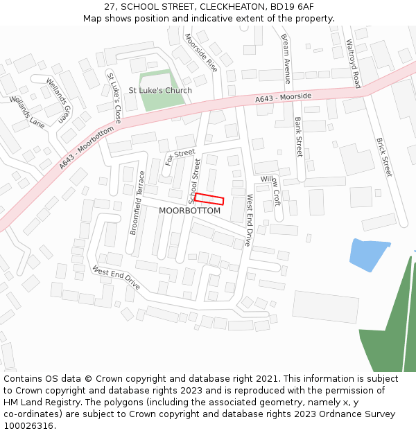 27, SCHOOL STREET, CLECKHEATON, BD19 6AF: Location map and indicative extent of plot