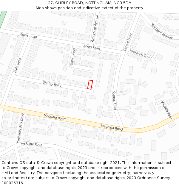 27, SHIRLEY ROAD, NOTTINGHAM, NG3 5DA: Location map and indicative extent of plot