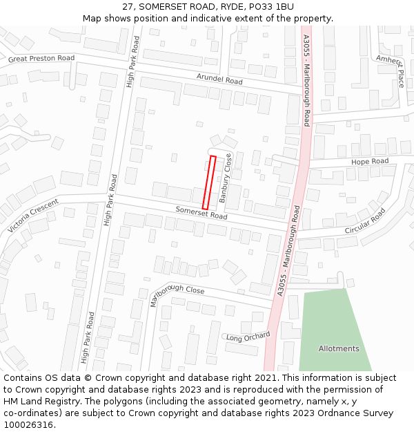 27, SOMERSET ROAD, RYDE, PO33 1BU: Location map and indicative extent of plot