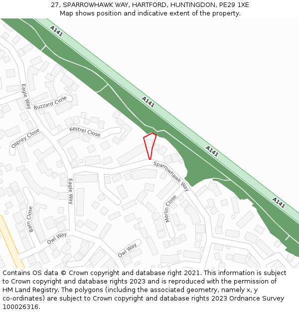 27, SPARROWHAWK WAY, HARTFORD, HUNTINGDON, PE29 1XE: Location map and indicative extent of plot