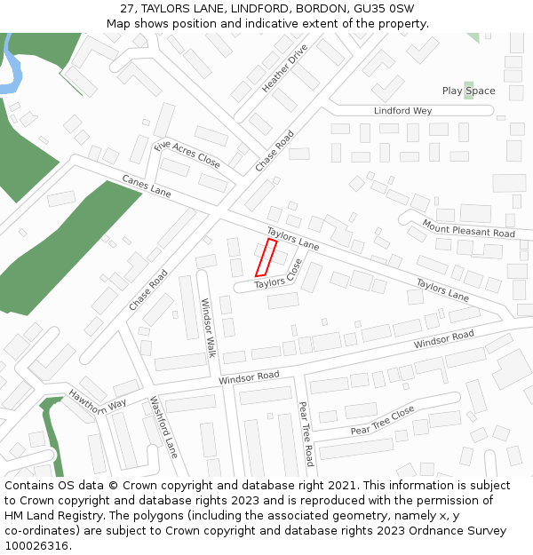 27, TAYLORS LANE, LINDFORD, BORDON, GU35 0SW: Location map and indicative extent of plot