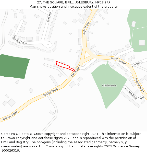 27, THE SQUARE, BRILL, AYLESBURY, HP18 9RP: Location map and indicative extent of plot