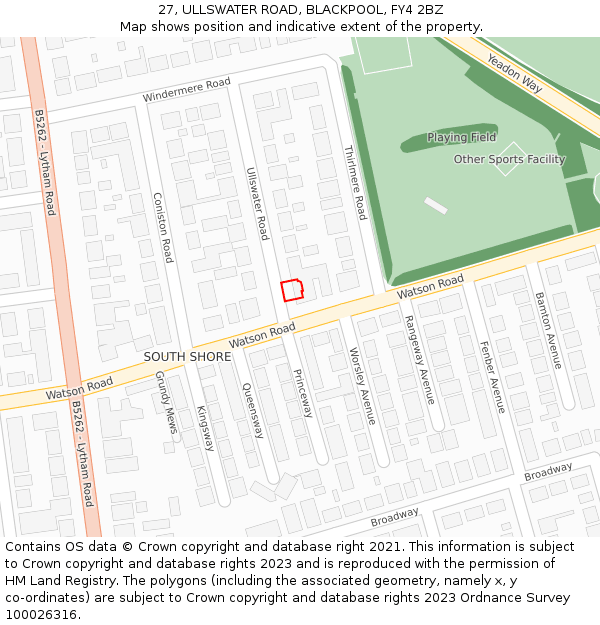 27, ULLSWATER ROAD, BLACKPOOL, FY4 2BZ: Location map and indicative extent of plot